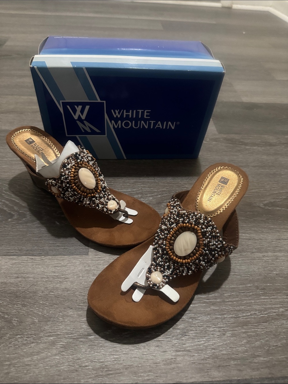 White Mountain Brown Beaded Wedge Thong Sandals